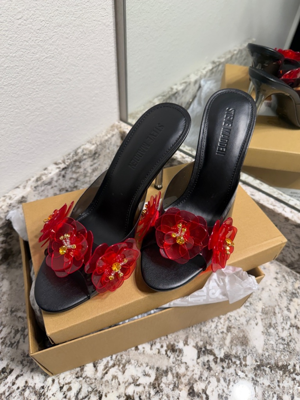 Steve Madden Black Slide Heels with Red Floral Embellishments